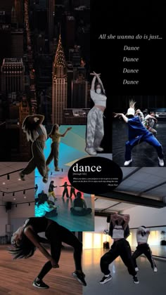 the dance poster shows people dancing in different poses and colors, with city lights behind them