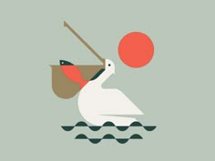 a white bird with a red ball in it's beak is floating on the water