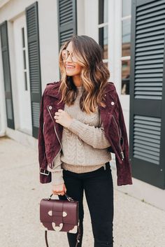 Maroon Jacket Outfit Women, Maroon Jacket Outfit, Plum Handbag, Knitting Sweaters For Women, Knitting Sweaters, Womens Black Booties, Fall Fashion Trends Women, Women Blazer