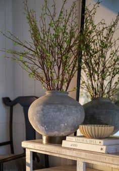 two vases with branches in them sitting on a table next to some books and a chair