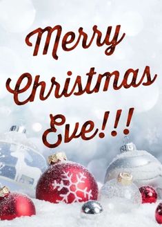 merry christmas eve greeting card with red and silver baubles in the snow on a white background