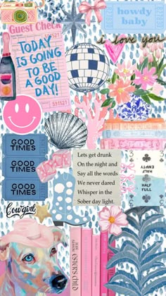 a collage of different items including books, flowers and other things in blue and pink