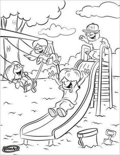 children playing on a slide at the park coloring page for kids, with black and white lines