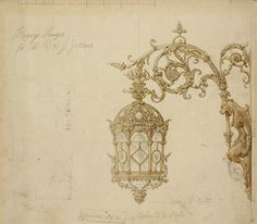 a drawing of a light fixture with ornate designs on the outside and inside, along with other drawings