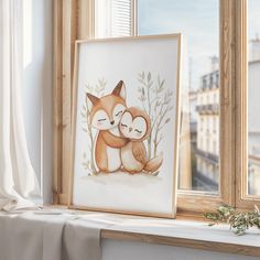 two foxes hugging each other in front of a window