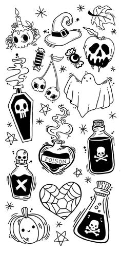 a black and white drawing of halloween items