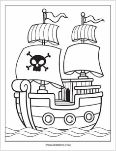 a pirate ship with a skull and crossbones on it's sails in the ocean