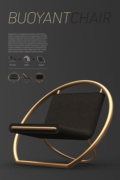 a black chair with gold frame and foot rest in front of a dark background that says buoyant chair