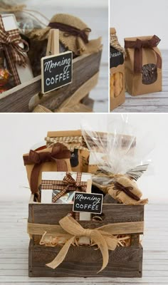 a wooden box filled with different types of food and coffee beans on top of each other