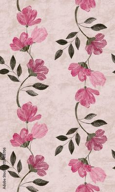 pink flowers on a beige background with green leaves