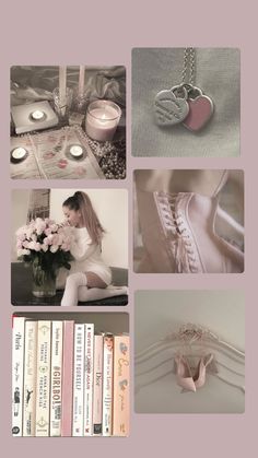 a collage of pictures with pink and white flowers, candles, books, necklaces