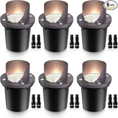 six different types of outdoor lights in black plastic containers with screws on each side