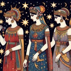 three women dressed in ancient egyptian clothing and jewelry, standing next to each other with stars on the background