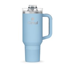 a light blue travel mug with the word cirul on it and a lid