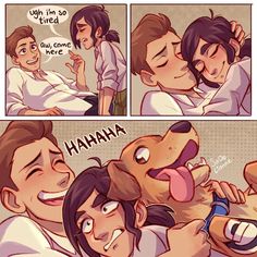 a comic strip with an image of a man hugging a dog and another cartoon character