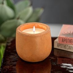 a candle sitting on top of a table next to a book and succulent plant