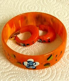 Orange Hand Painted Bakelite Catalin Bangle Bracelet/ Translucent/Earrings /TESTED/Bakelite Jewelry Retro Lucite Jewelry Perfect As A Gift, Retro Bakelite Jewelry, Retro Bakelite Jewelry As Gift, Retro Lucite Jewelry As Gift, Handmade Round Bakelite Jewelry, Luxury Orange Vintage Bracelets, Vintage Bakelite Bangle Jewelry, Italian Minimalism, Handmade Retro Bakelite Jewelry