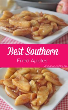 two white plates topped with fried apples on top of a red and white checkered table cloth