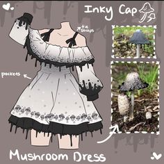 an image of a mushroom dress and mushrooms in the woods with caption that says inky cap