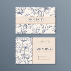 two business cards with flowers on them, one is white and the other is blue