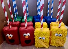 the sesame street candles are made out of rice krispy kreme and have angry birds on them