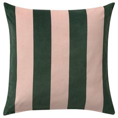 a green and pink pillow with horizontal stripes on it's side, in front of a white background