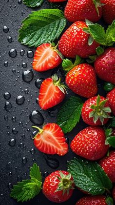 fresh strawberries with green leaves and water drops on black background - image grat