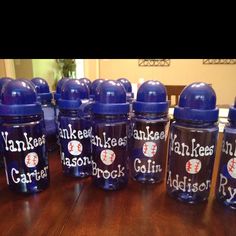 the baby bottles are lined up on the table