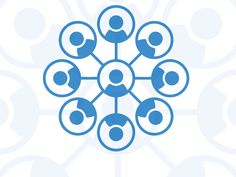 a group of people standing together in a circle on a white background with blue circles around them