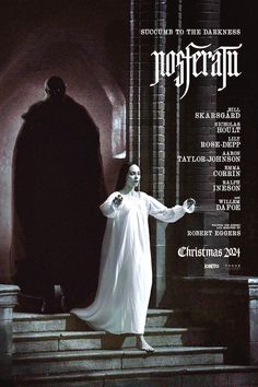 a movie poster with a woman dressed in white standing on steps next to a man