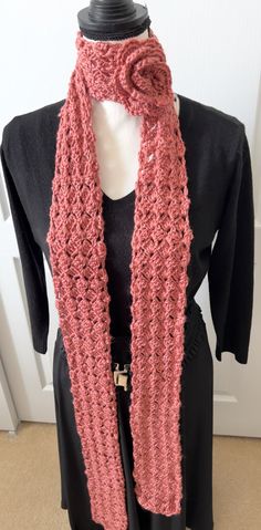 Extra Long Rose Colored Skinny Scarf with Rose Detachable Flower This beautiful crochet lacy Skinny Scarf is extra long to wrap around your neck once, twice or the entirely or double over to make it shorter.   Flower is detachable and can be pinned to whatever you would like it attached Scarf is very soft and comfortable to wear and has a sheen look. See Photos to Wear it in multiple styles depending on your outfit/style washable and dry flat Crochet Rose Scarf, Lacy Scarf, Lacy Crochet, Rose Scarf, Crochet Ear Warmer, Crochet Fringe, Purple Scarves, Irish Lace Crochet, Grey Scarf