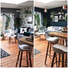 two pictures of a living room with wood floors and blue walls, one showing the dining area