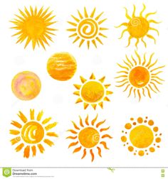 watercolor sun drawings on white paper with orange and yellow colors stock photo - image