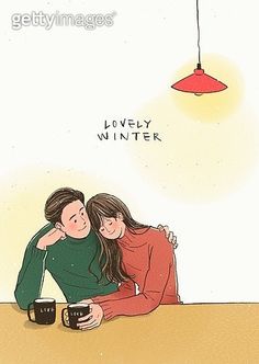 two people sitting at a table with coffee mugs in front of them and the caption lovely winter