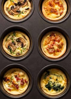 a muffin tin filled with different types of food