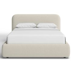 a bed with white sheets and pillows on top of it, against a white background