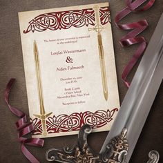 It's dangerous to go alone. Take these wedding invites with you!  The coordinating pieces of this medieval sword wedding invitation suite feature Celtic designs with a gorgeous sword and Celtic text on a parchment background.   ***   Need to rearrange text or change text styles? Want to add wedding details to the back of the invite? All text and most text decorations are movable and removable. Just click "Personalize", then click "Edit Using Design Tool."   ***   See the collection for other pie Celtic Wedding Invitations, Wedding Invatations, Medieval Wedding, Wedding Anniversary Invitations, Foil Wedding Invitations