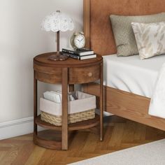 a bed with a wooden headboard and night stand next to a white rug on the floor