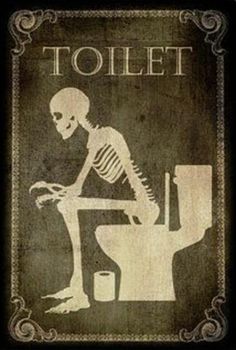 a skeleton sitting on top of a toilet in front of a sign that says, toilet