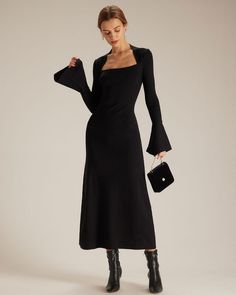 The Black Square Neck Flare Sleeve Midi Dress Tailored Clothes, Square Neck Dress, Black Work, Bodycon Midi Dress, Sleeve Midi Dress, Bodycon Midi, Long Sleeve Midi, Black Square, Knee Length Dresses