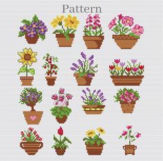 cross stitch pattern with potted plants and flowers