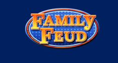 the family fud logo is shown on a dark blue background with red and yellow lettering