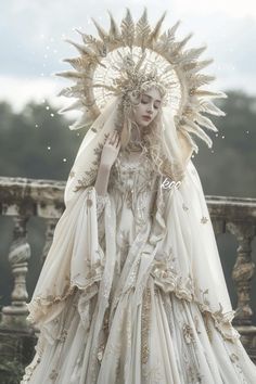 a woman in a wedding dress with an elaborate headpiece