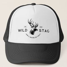 the wild stag trucker hat is black and white