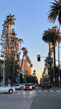 cars are driving down the street in front of palm trees and traffic lights at dusk