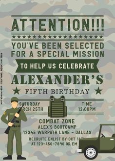 Army Theme Birthday Party Invitations, Army Birthday Party Invitations, Army Theme Invitation, Army Invitation Template, Camouflage Birthday Party Ideas, Army Birthday Theme, Army Birthday Party Themes, Army Party Invitations, Army Birthday Invitations