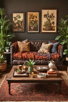 a living room filled with lots of furniture and plants on top of a coffee table