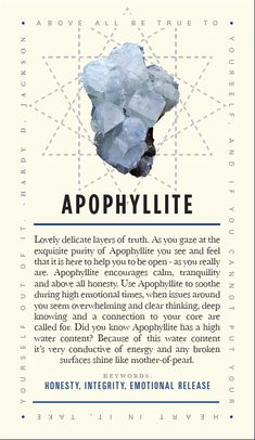 Apophyllite card Crystals Healing Properties, Spiritual Crystals, Gemstone Meanings, Crystal Therapy, Crystal Healing Stones, Crystal Meanings, Rocks And Gems, Affirmation Cards, Crystal Grid