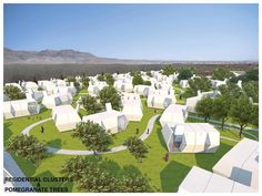 an artist's rendering of a park with tents and trees