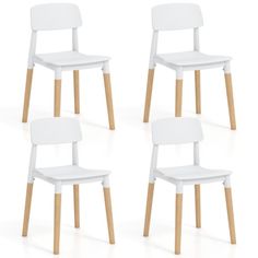 three white plastic chairs with wooden legs on a white background, set of 4 pieces